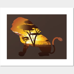 African Sunset and Lion Posters and Art